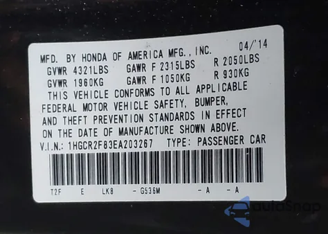 2014 Honda Accord Ex-L from USA, damaged, VIN 1HGCR2F83EA203267
